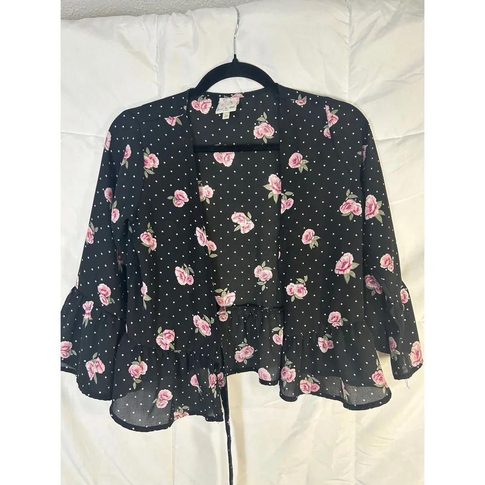 Belle du Jour Girls Black Floral Polka Dot Ruffle‎ Kimono Cardigan Top XL